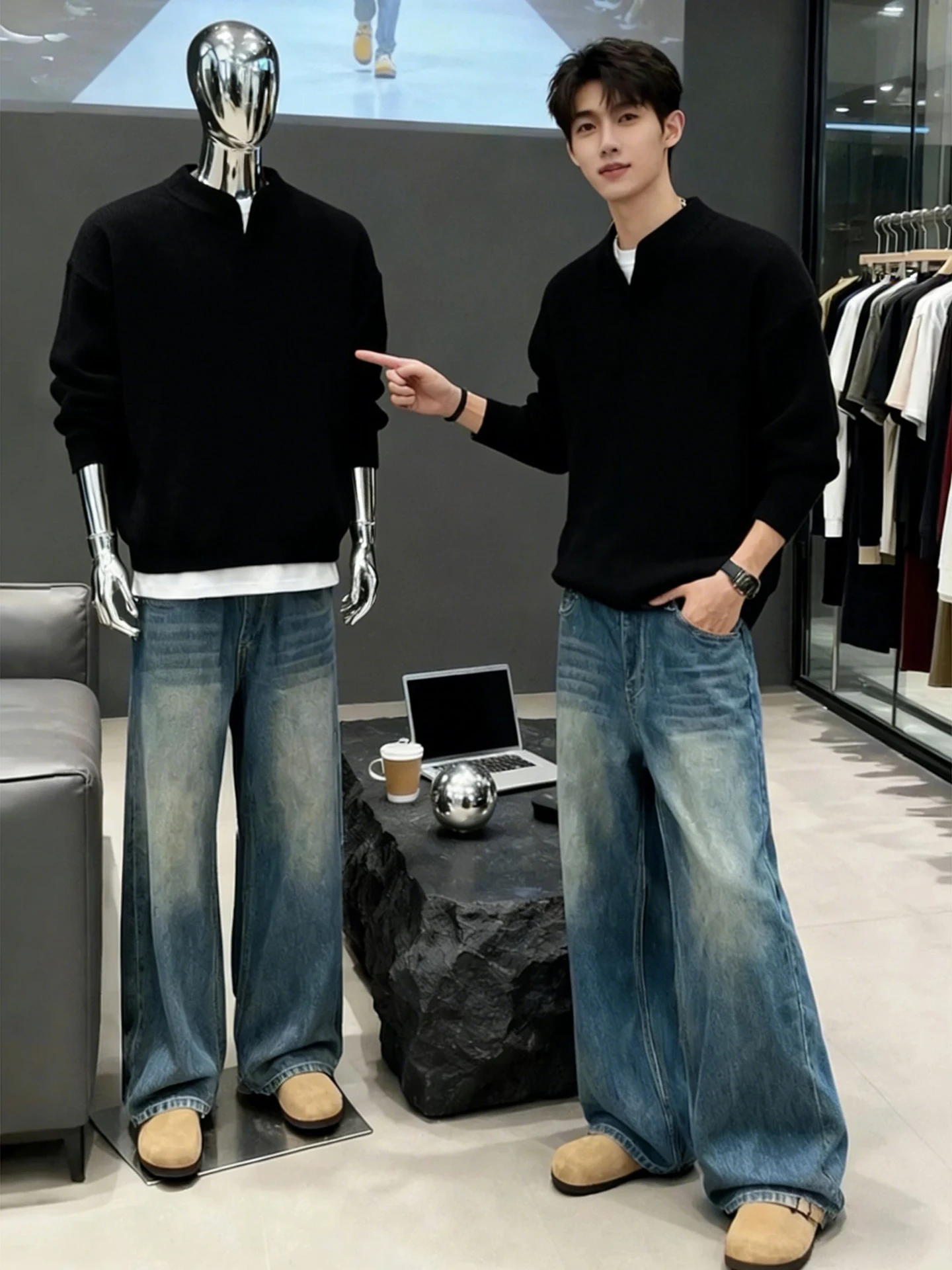 

Bla American Sle Henry Collar Knitwear for Men Winter Inner irt oulder Width Regular Length Long Sve