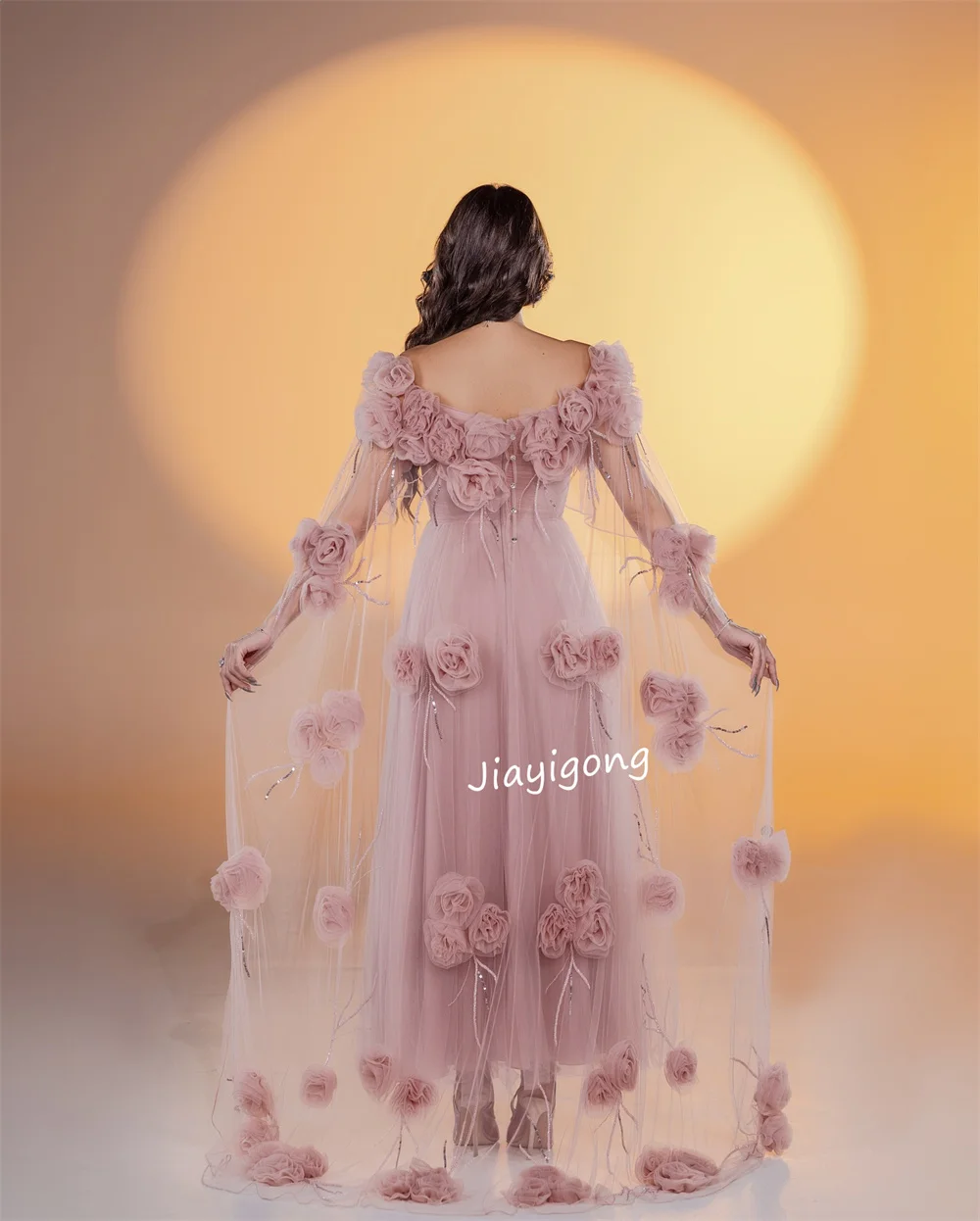 Customized Elegant Tulle Handmade Flower A-line Off-the-shoulder Midi Dresses Bespoke Occasion Dresses Formal