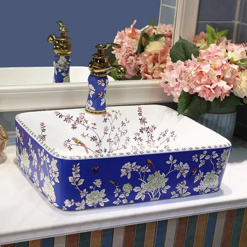 Rectangle cloakroom container sink colored bird flower hand painted blue ceramic art basin, red bathroom basin