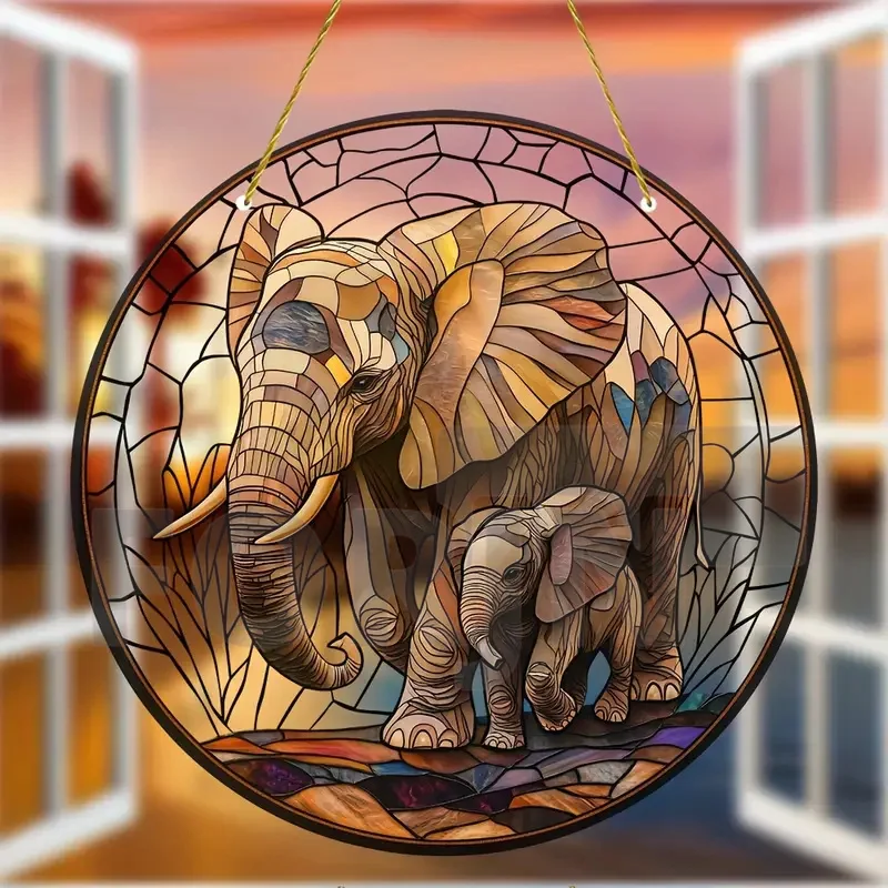 Animal World Elephants,lions,leopards Suncatcher,round Acrylic Translucent Window Hanging Sign,Home&room,Yard Farmhouse Decor