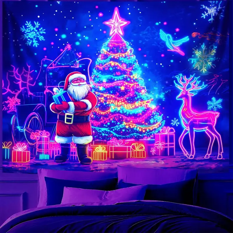 VIKAMA Neon Christmas Santa Tree Reindeer Blacklight Tapestry UV Reactive Holiday Wall Hanging Home Decor Soft Durable Cozy Gift