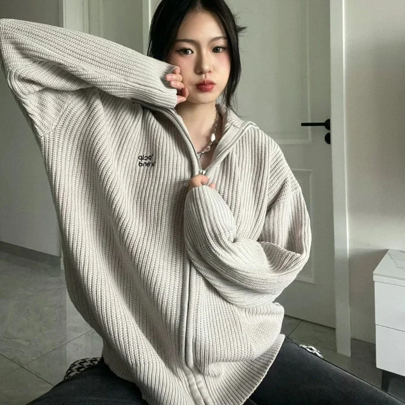 Deeptown Vintage Gray Sweater Women Korean Style Zipper Knit Cardigan Japanese Fashion Streetwear Oversized Knitwear Aesthetic