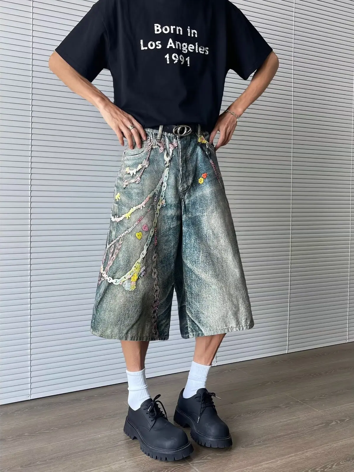 

American Retro 3D Print Chain Denim orts Men's Loose Wide Leg Seven-Foot Casual Versatile Mid-Pants Youth Faion Jeans