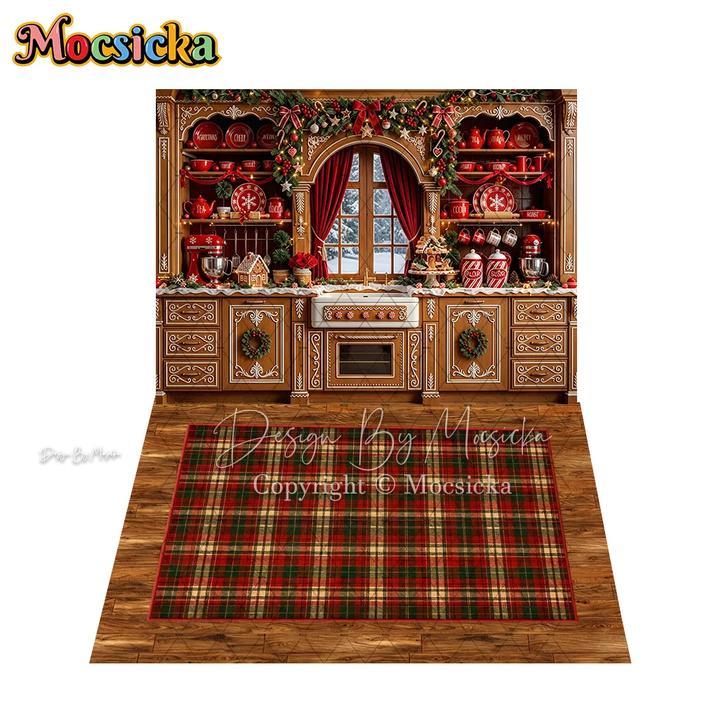 Mocsicka Christmas Kitchen Corner Backdrop Photography Vintage Gingerbread House Xmas Garland Background Family Holiday Photo