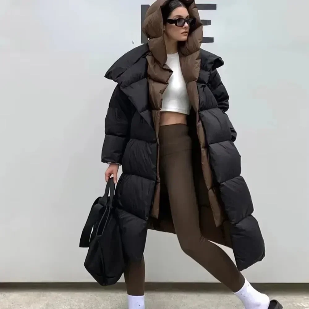 Winter Thickness Warm Long Puffer Coat Hooded Female Fashion Fake Two-piece Parkas Fluffy White Duck Down Jacket Women