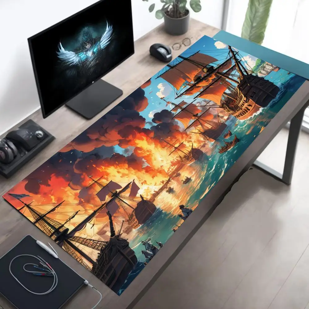 Tappetino per mouse Burning Ships Tappetino per tavolo da gioco per ufficio di grandi dimensioni Tappetini per tastiera con bordo cucito antiscivolo in gomma XXL Accessorio da scrivania lungo