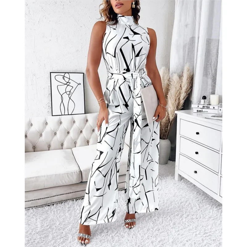 Women\'s Elegant Waist Halter Jumpsuit Casual Print With Belt Sleeveless Wide Leg Long Pant 2024 Summer New Women Clothing