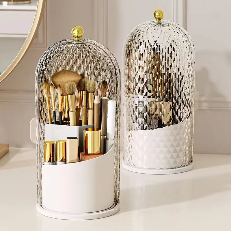 Diamond Birdcage Makeup Brush Holder with Lid 360 Rotating Clear Dustproof Makeup Brushes Organizer for Vanity Lipstick Holder