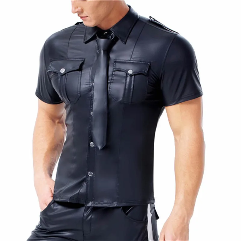 

Mens Faux Leather Shirts Short Sleeve Cool Button Up T Shirt Nightclub Stage Costumes Latex Tops Police Uniforms Dance Clubwear