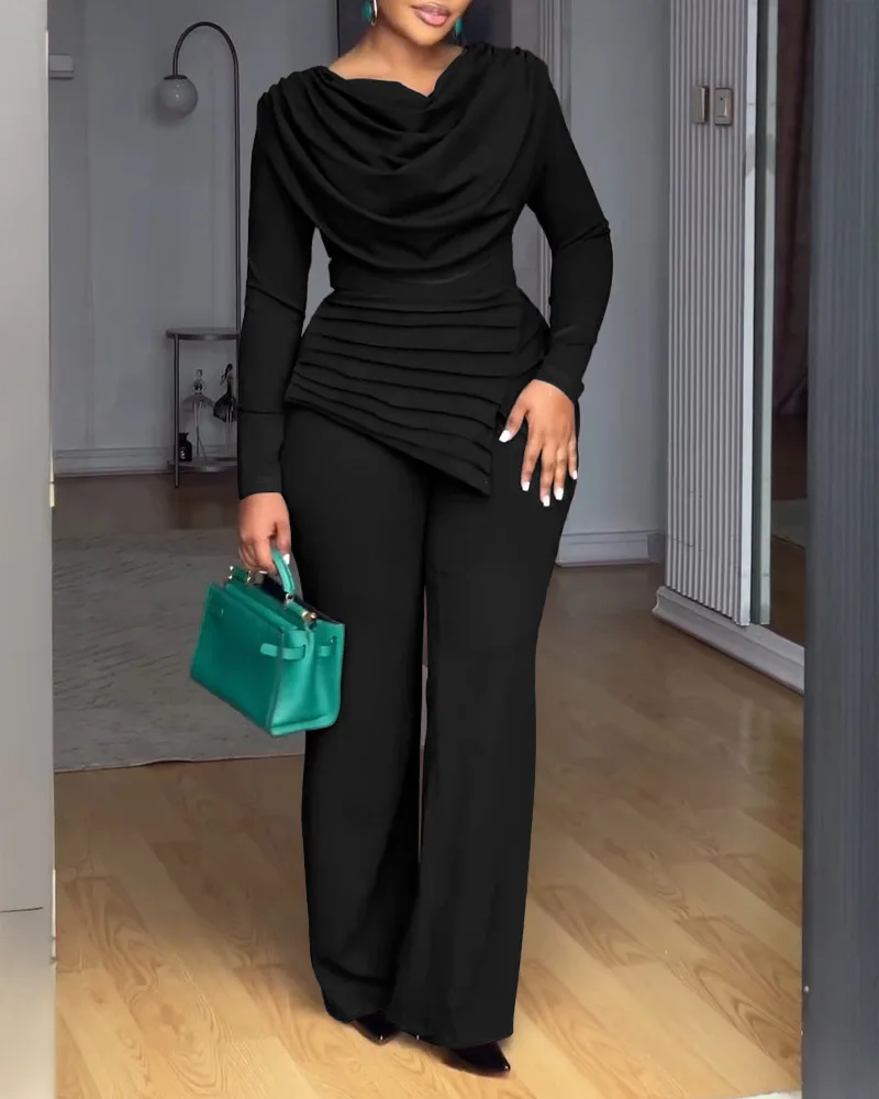 سوينغ طوق Ruched بذلة طويلة الأكمام الصلبة أنيقة مكتب سيدة غير المتماثلة هيم عادية خمر Ruched سليم السروال القصير الخريف