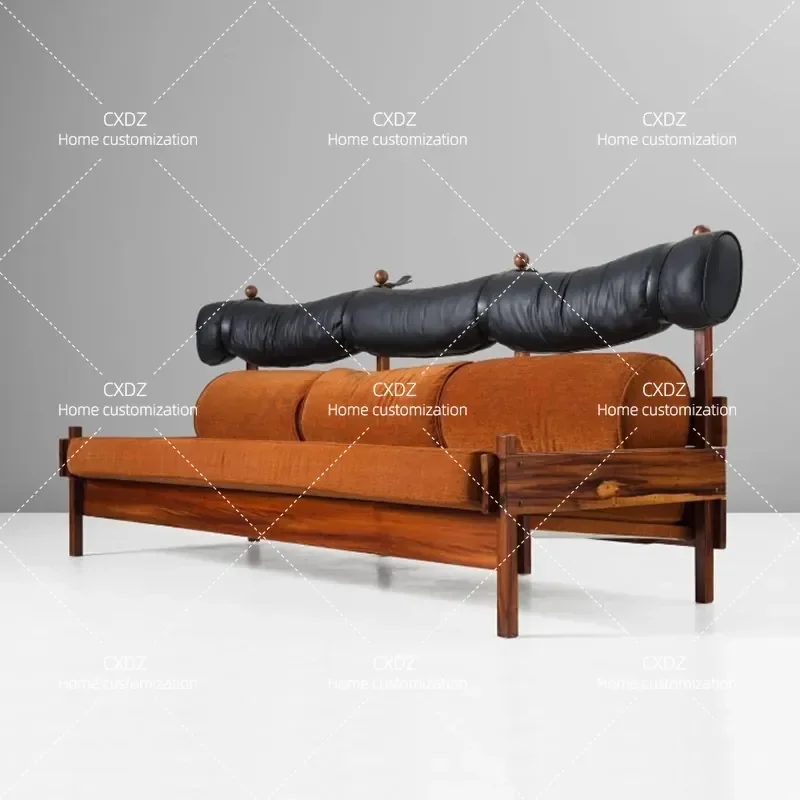 Retro walnut frame caramel flannel black leather segmented backrest three-person sofa living room B & B retro leisure group