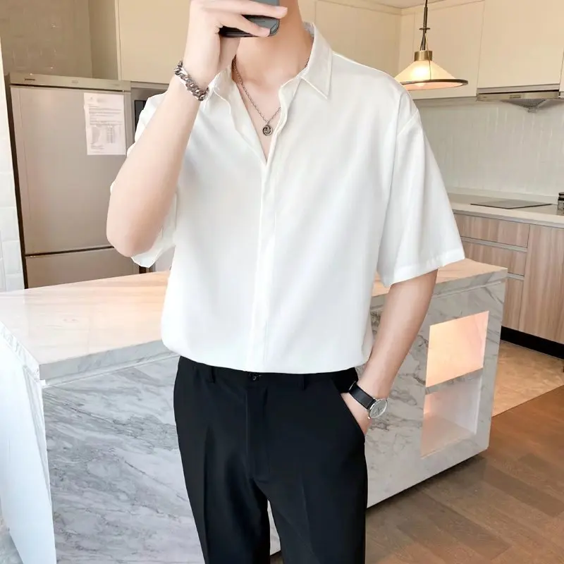 Summer Men\'s Clothing Short Sleeve Lapel Solid Color Thin Business Casual Fashion Simplicity Commute Loose Korean Version Shirt