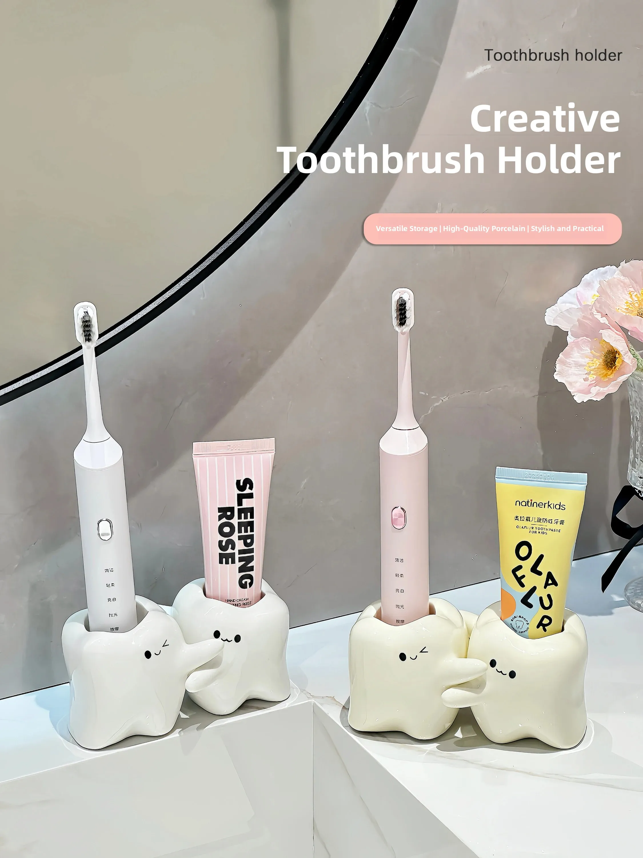 

Ceramic Toothbrush Holder Bathroom Sink Home Use Toothpaste Storage Rack Cute Dental Care Tool Bathroom Organizer