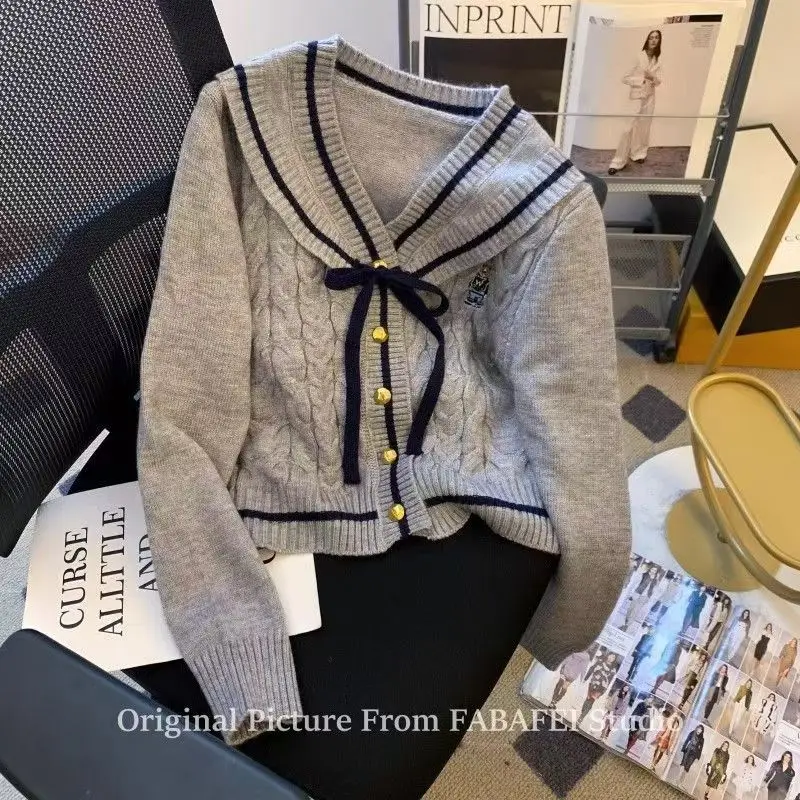 Sailor Collar British Style Bow CardigansTwists Knitted Sweater Women Coats Long Sleeve Autumn Winter College Korean Sweater New