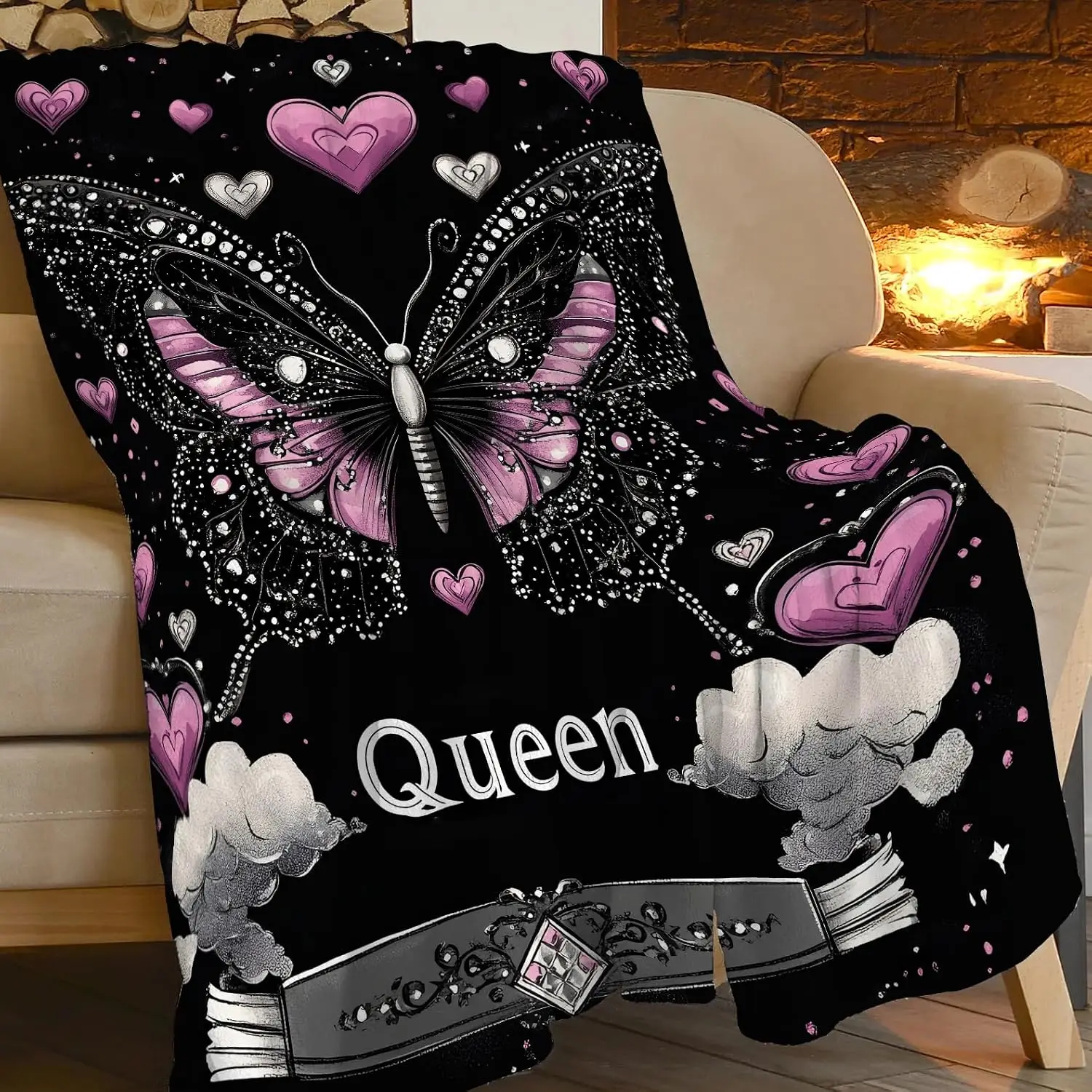 Elegant Rhinestone Butterfly Queen Purple Hearts Cloud Art Pattern Flannel Blanket Decorative Throw For Lounge Bedroom Holiday