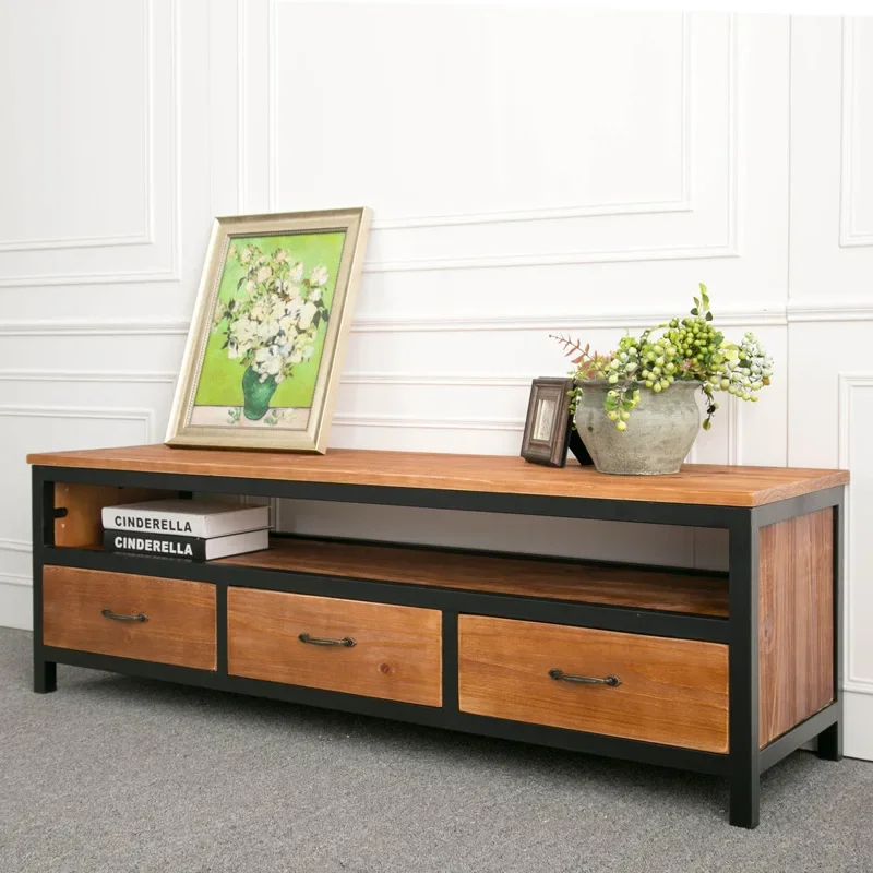 Living room drawer chest cabinet wrought iron solid wood TV cabinet three-draw long floor cabinet