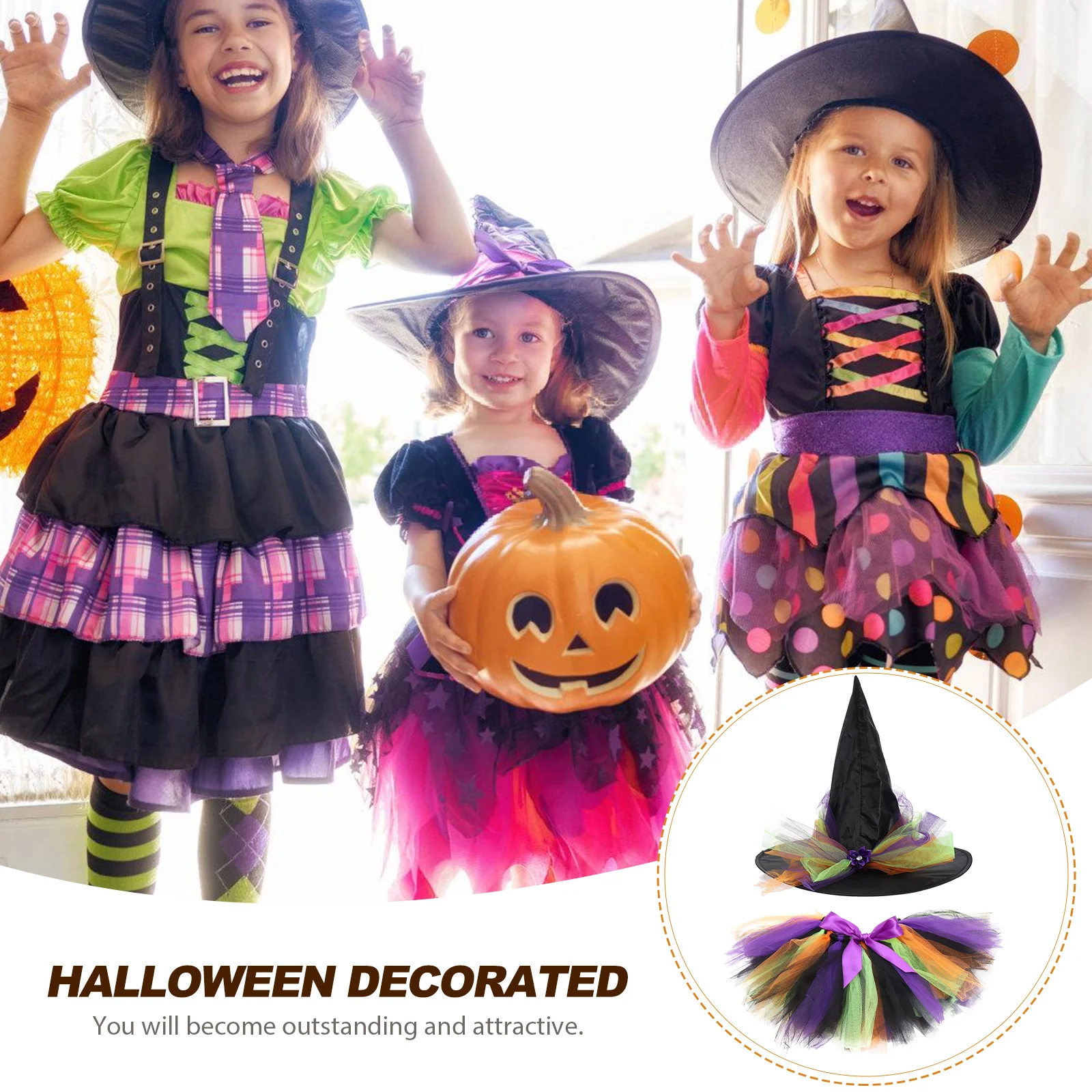 

Witch Skirt Suit Kids Halloween Costume 80 90cm Purple Ribbon Hat Set Durable Reusable Festival Supplies Costumes Party
