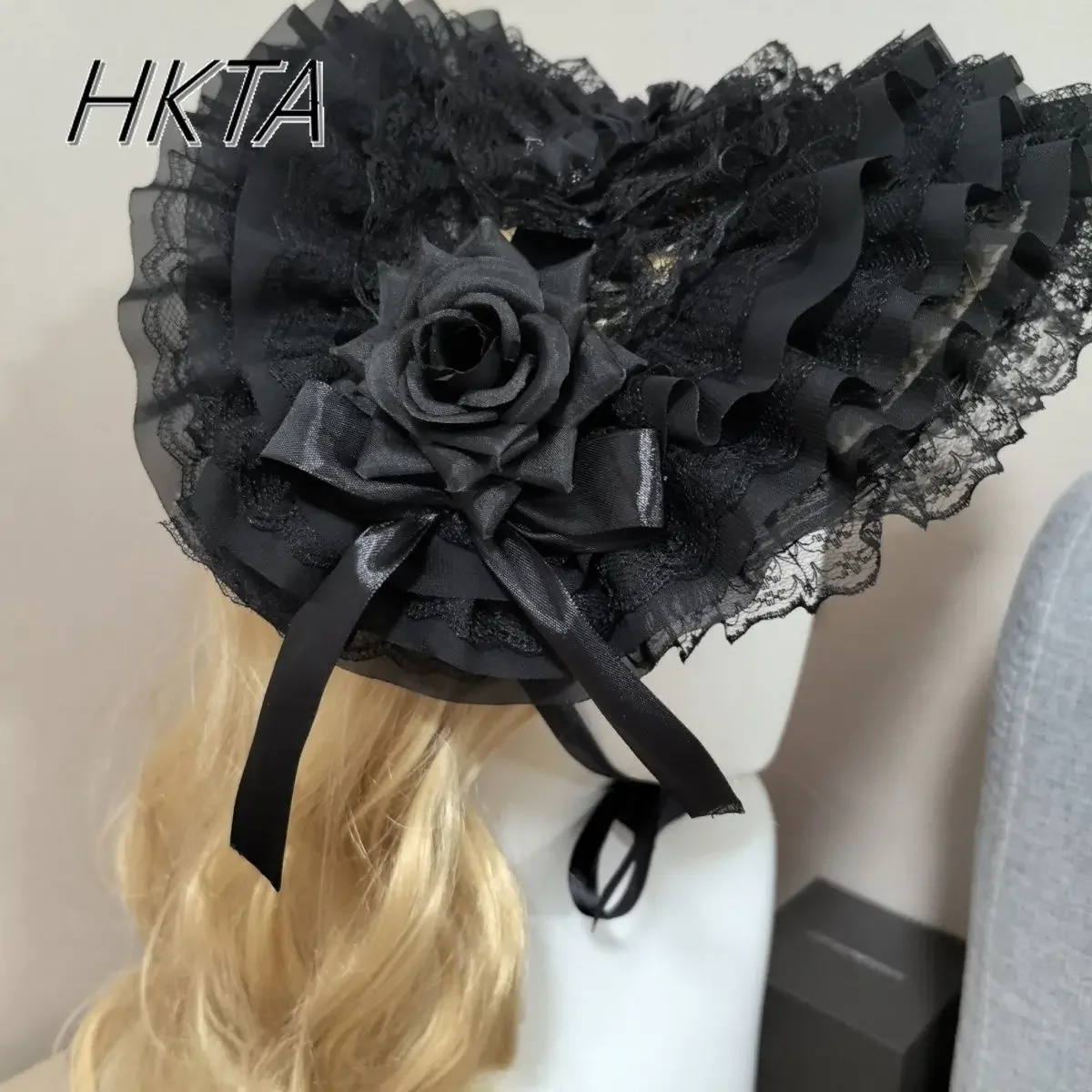 Lolita Flowers Pleated Lace Print Lace Up Women Straw Hat Spring Sweet Girls Cosplay Hair Clip Cap Kawaii Lolita Caps Black Hat