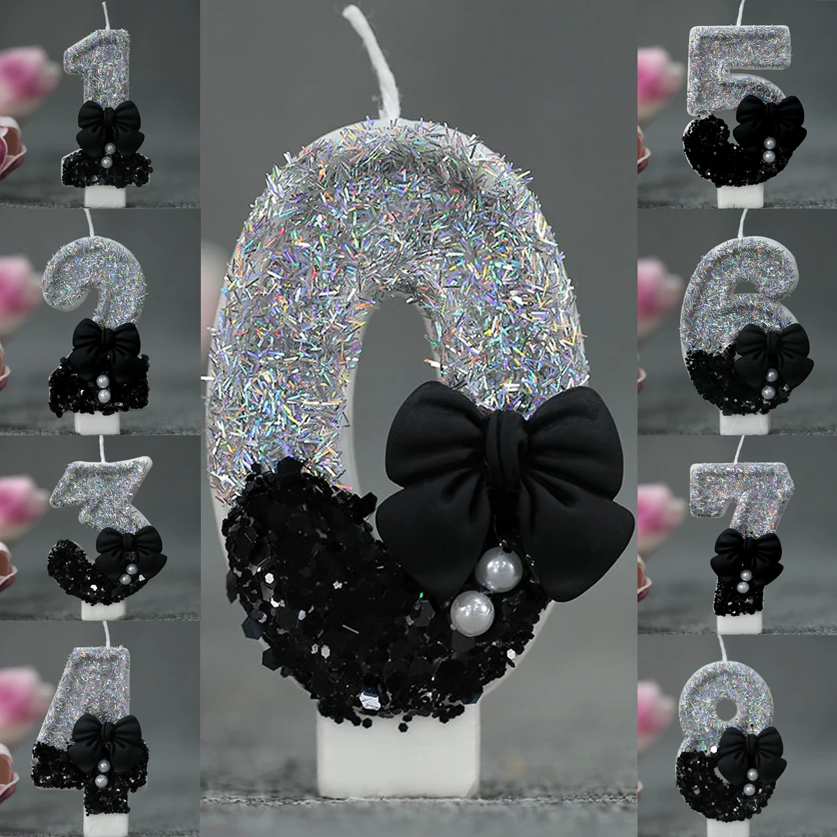 Midnight Bow & Pearl 0-9 Number Birthday Candles  Decor for Cake Anniversary Party Supplies