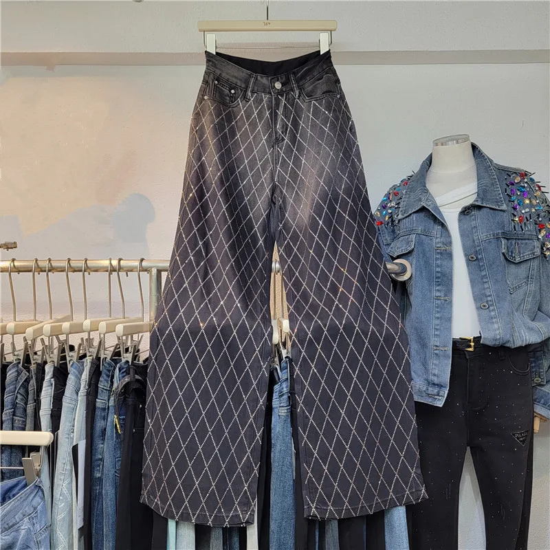 Chic Women Hot Drilling Diamonds Beaded Denim Pants Plaids Rhinestones Jeans Wide Legs Crystals Cowboy Trousers High Waist 2025