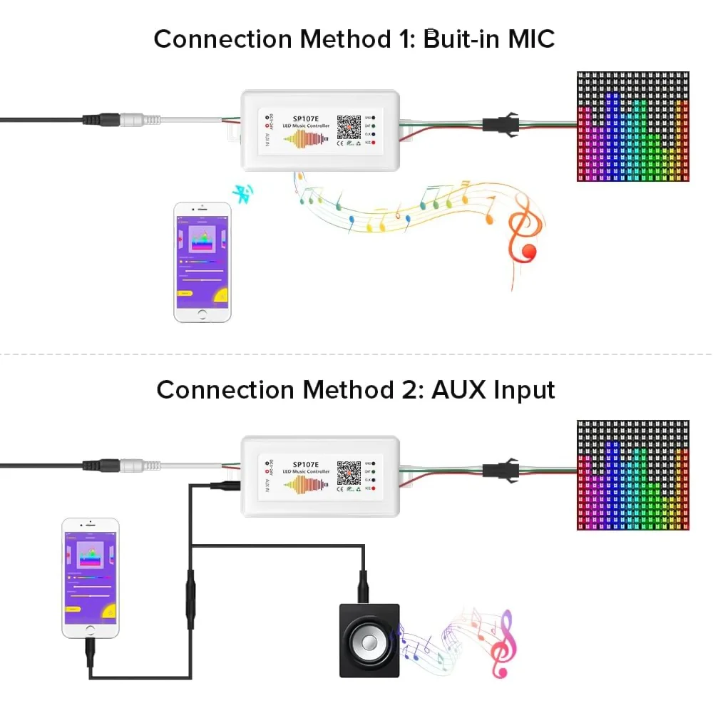 SP107E DC5-24V ตัวควบคุมเพลง LED พร้อมบลูทูธไร้สาย รองรับ SPI ควบคุมเพลงสีเต็มรูปแบบผ่านแอปโทรศัพท์ สำหรับ WS2812B