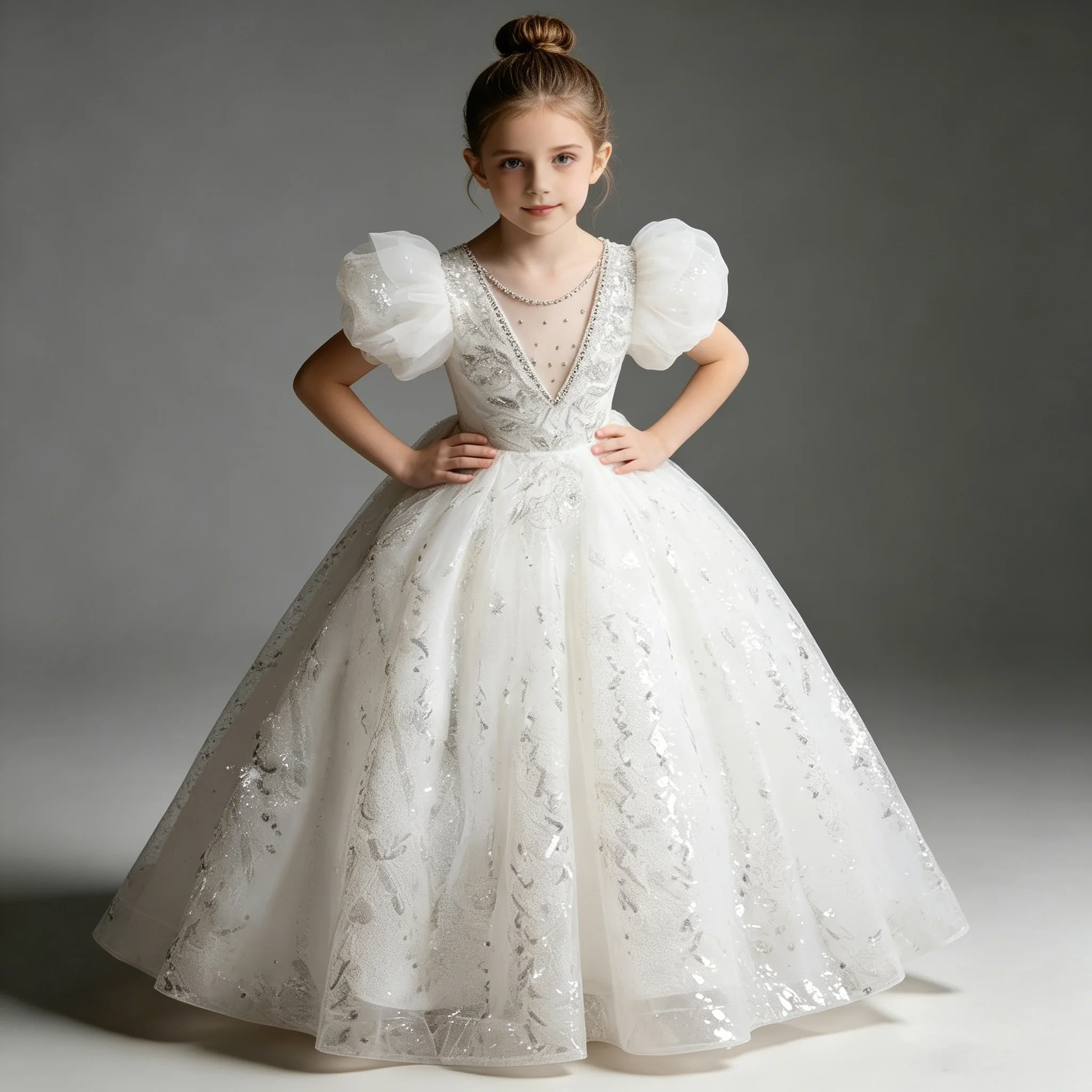 2026 New White Sequined Mesh Flower Girl Dress V-Neck See-through Rhinestone Puff Sleeve A-Line Puff Skirt Girls Wedding Party