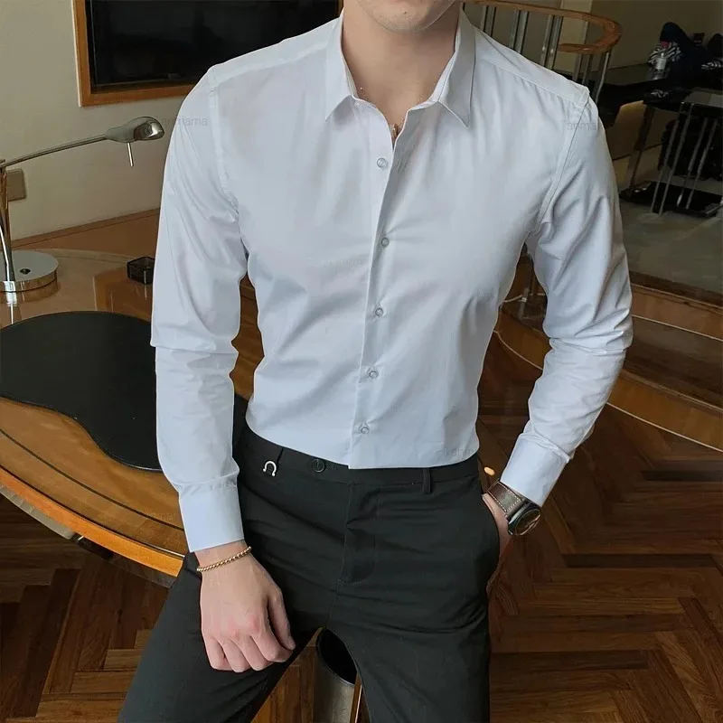 Spring New Men's Slim Long-sleeved Shirt Fashion Solid Color Business Office Casual Dress Korean Black White Sky Blue Pink