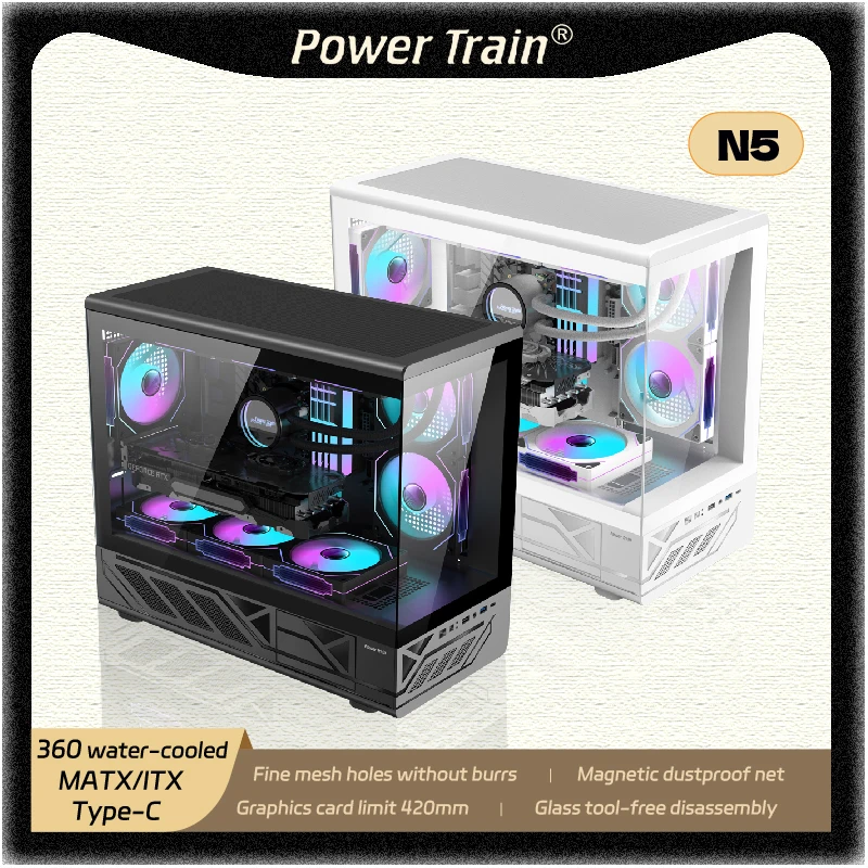 

Чехол для ПК Power Train N5 MATX ITX без колонки, вид на море, боковой прозрачный охладитель для воды 360, чехол для компьютера Type-C, gabinetes gamer