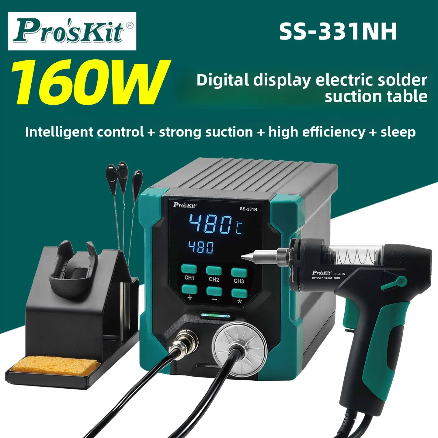 

Паяльная станция Pro'sKit SS-331NH с цифровым дисплеем, 160 Вт, с мощным отсосом, 220-240 В