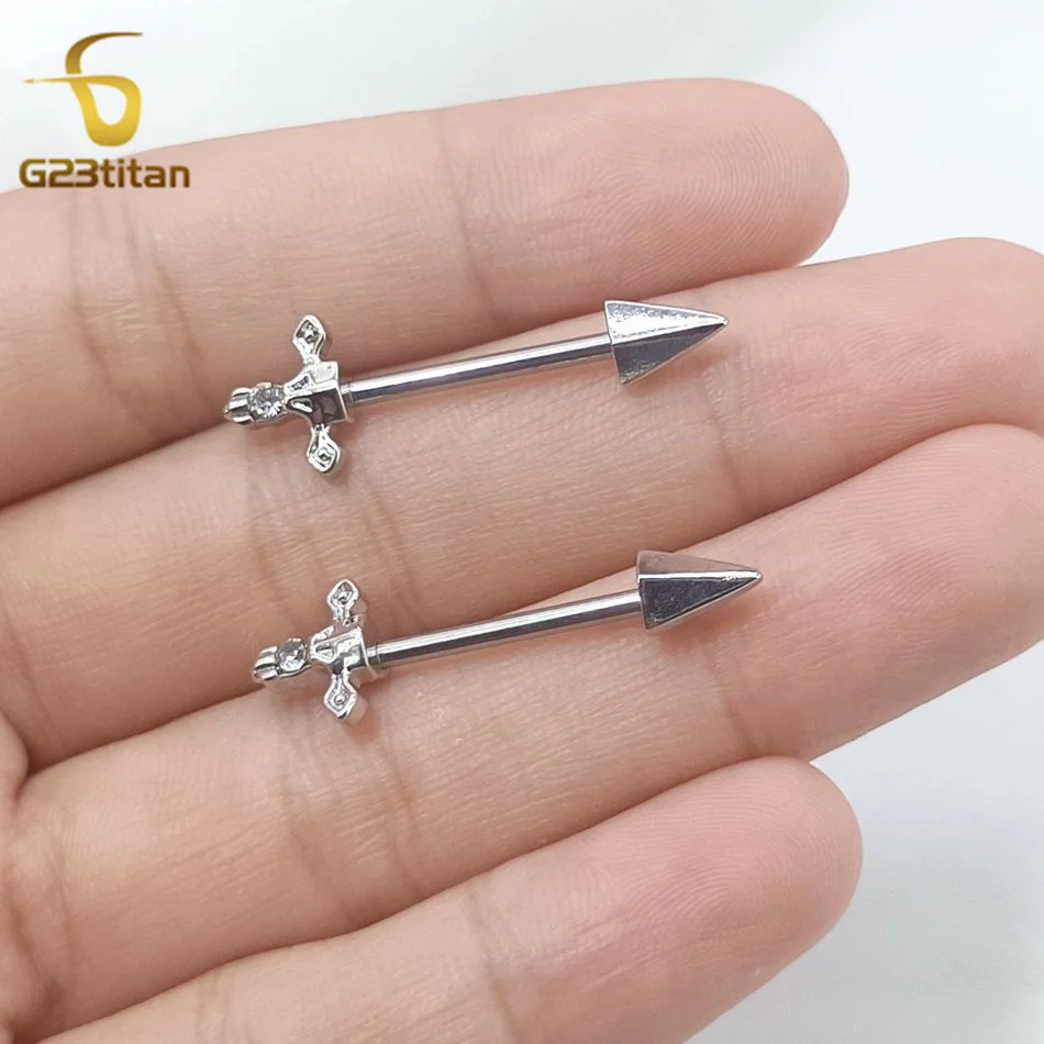 G23Titan 2pcs Cross Sword Zircon Nipple Rings 14G Titanium Barbell Body Piercings Anti Allergic Women Sexy Jewelry Accessories