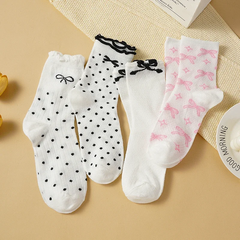 

Ballet-style Lolita Bow-tie Print Socks Women Korean-style Cute Jk Socks Polka Dot Ruffled Breathable Mid-calf Stacked Socks