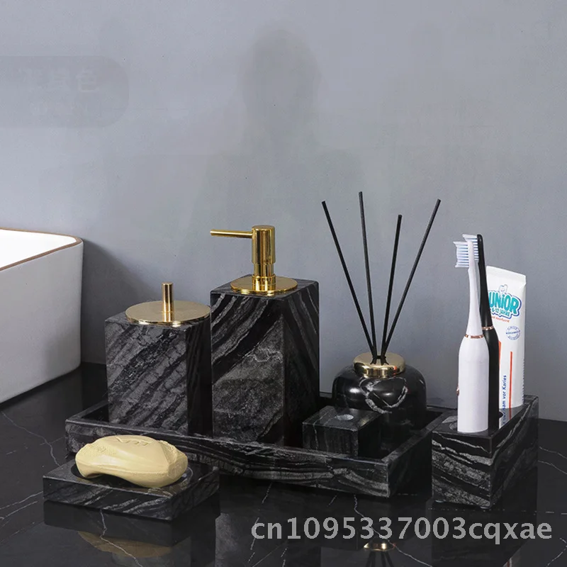 طقم حمام من الرخام الطبيعي - طقم غسيل مكون من أربع قطع مع رف فرشاة الأسنان وديكور الحمام الرخامي وغرفة نموذجية #2