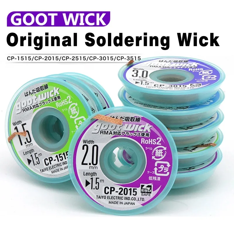 GOOT Mini Solder Welding Wire Length 1.5m Width 1.5-3.5mm Low Residue Tin Removal Long Roll in Bobbin Case CP-2015