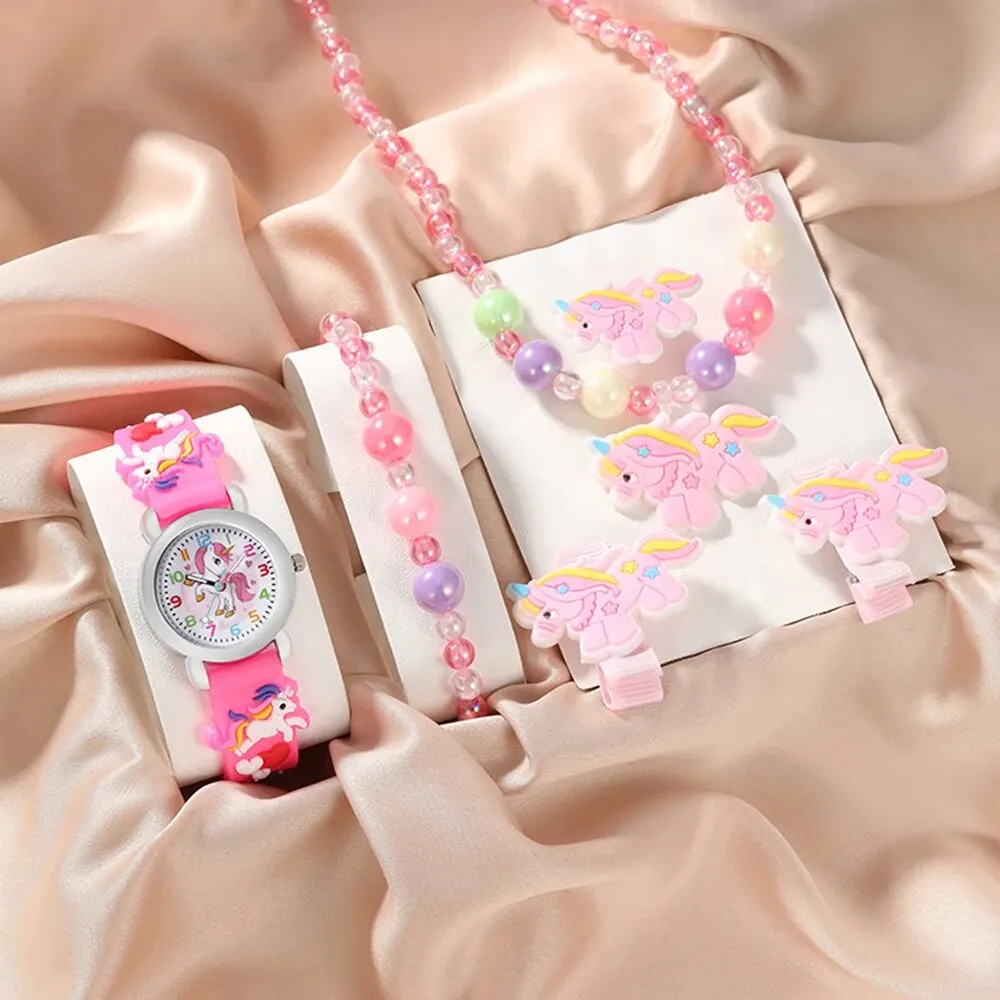 6pcs Children's Watch Set Cute Pink Watch Necklace Ring Bracelet Hairpin Watch Set