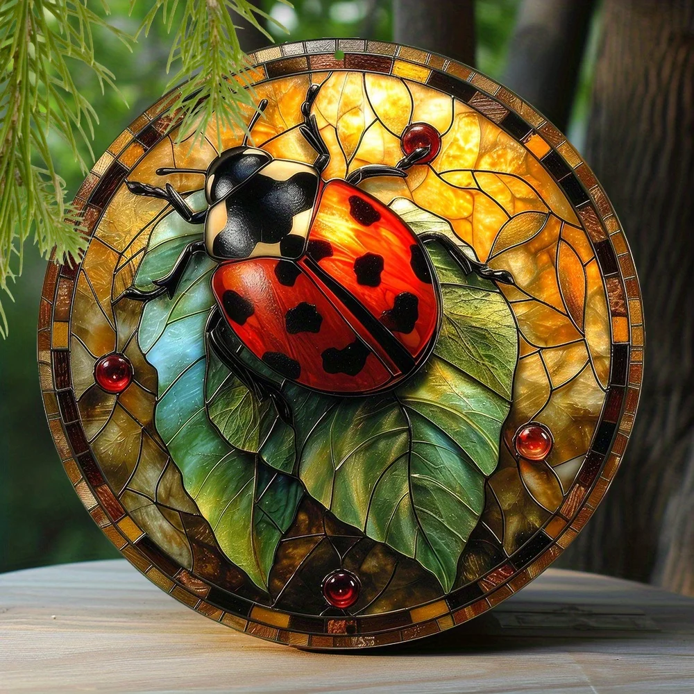 

Metal Faux Stained Glass Circular Wreath Decorative Sign Apartment Decor Valentine's Day Gifts Ladybug On Leaf Theme Decoration