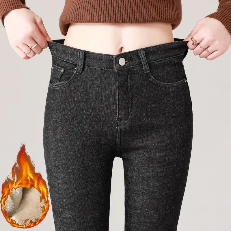 2023 New Winter Casual Women Thick Fleece Pencil Pants Mid Waist Strecth Basic Denim Trousers Female Warm Fur Lamb Slim Jeans