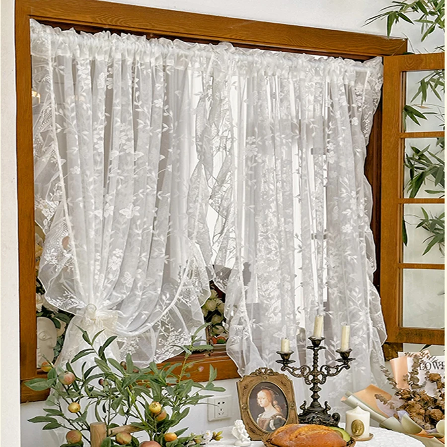 French White Ruffled Lace Sheer Curtains Butterfly Branches and Vines Embroidery Translucent Gauze For Living Room,Kitchen Decor