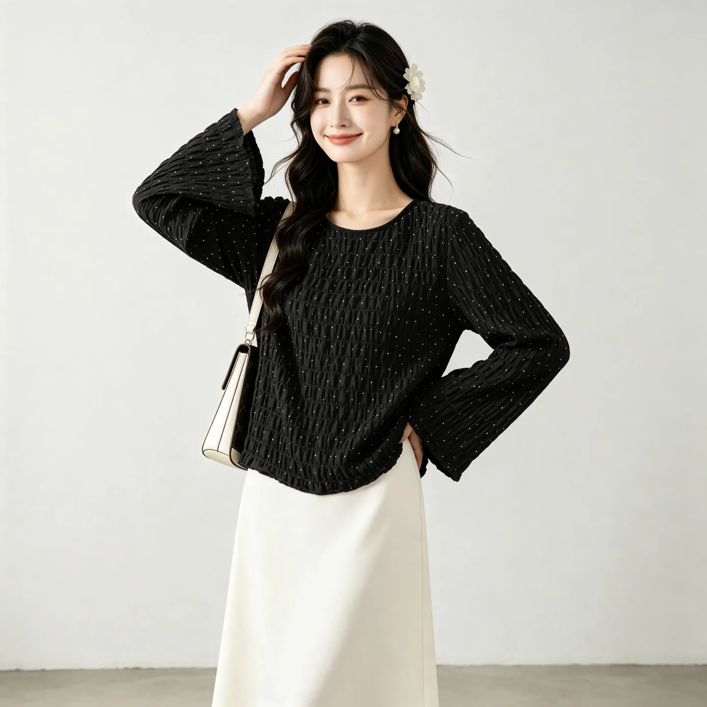 Winsleter-93%Silk 7%Spandex Shell Crepe Elegant T-Shirt, O Neck Dot Print, Women French Commute Top, 2026 Autumn New T68702CC