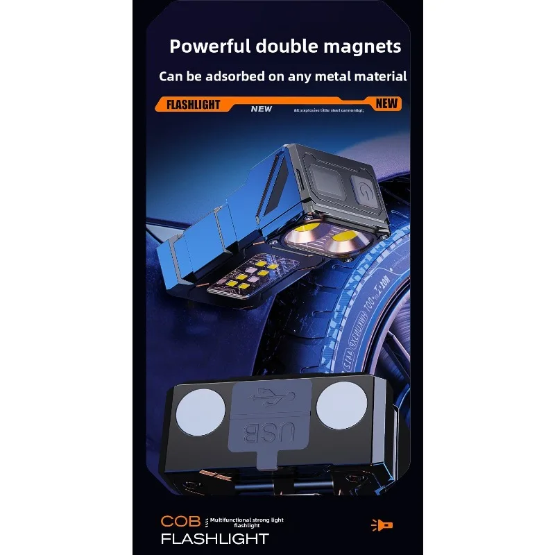مصباح يدوي COB ثنائي الخرز قابل لإعادة الشحن: فائق السطوع، حجم صغير، يدوم طويلاً، مصباح غطاء مغناطيسي خارجي