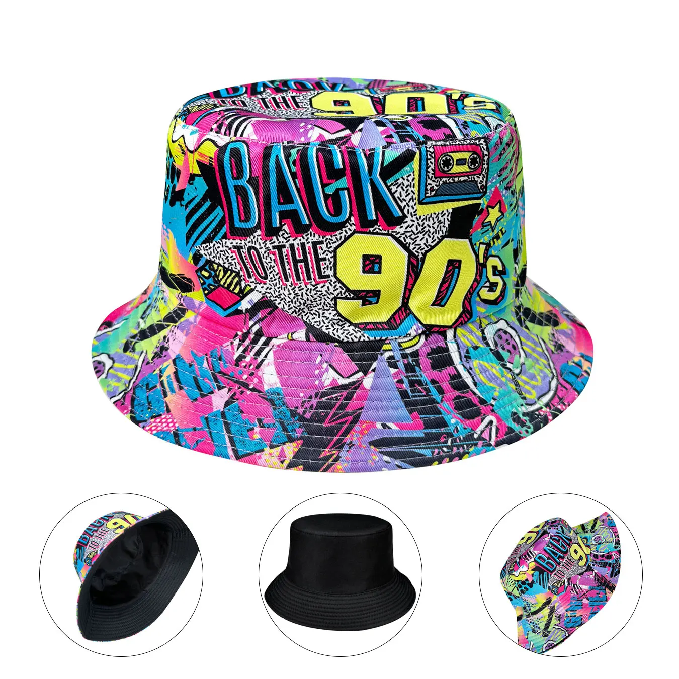 Abstract Graffiti Art Back90S Colorful Printed Bucket Hat, Reversible Sun Hat, Foldable Fashion Bucket Hat, Suitable for Outdoor Travel and Party Outfits