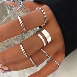 Vintage Silver Color Chain Rings Set For Women Girls Punk Geometric Simple Finger Rings 2023 Trend Jewelry Party