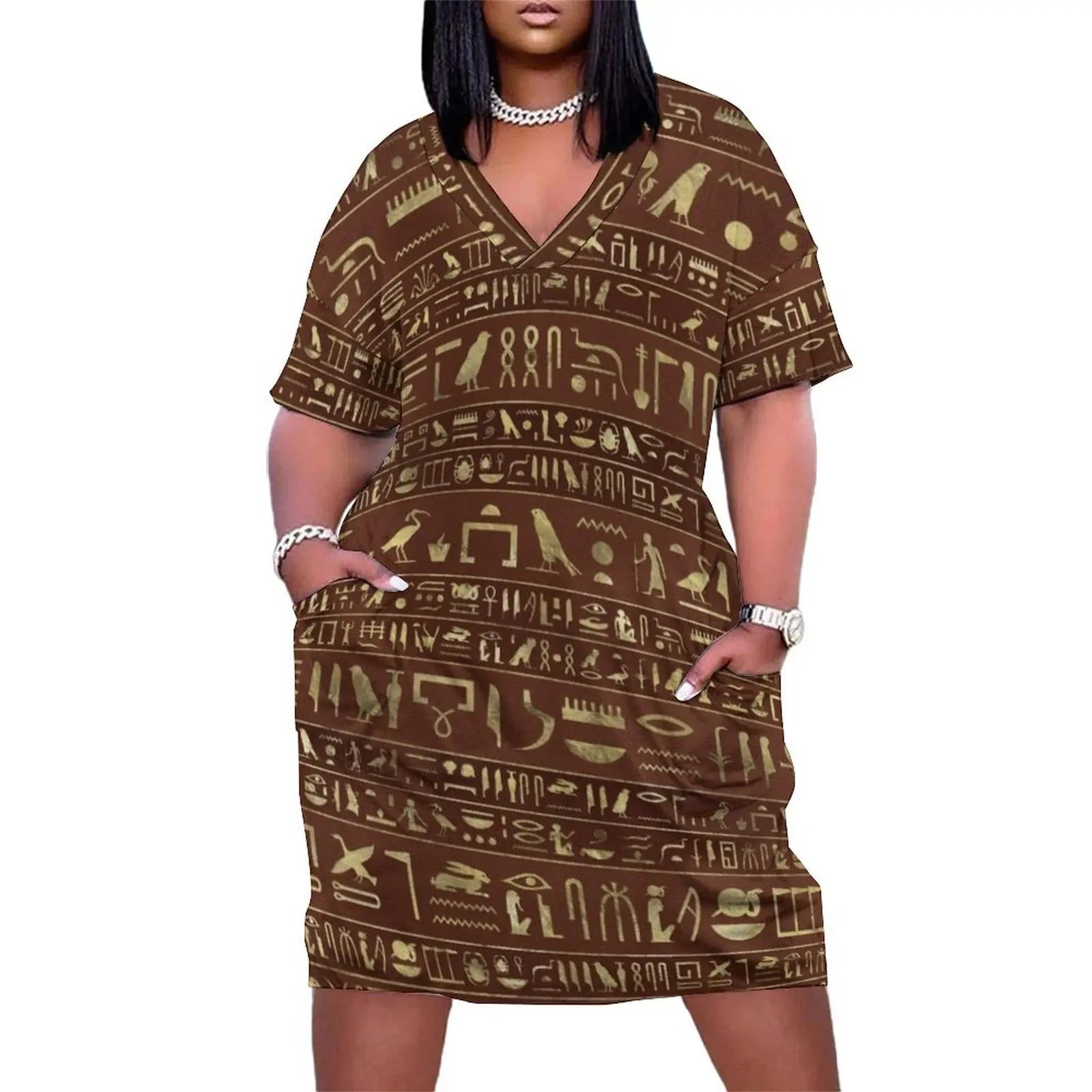 Egyptian hieroglyphs gold on brown leather Loose Pocket Dress bandage dress Womens dresses