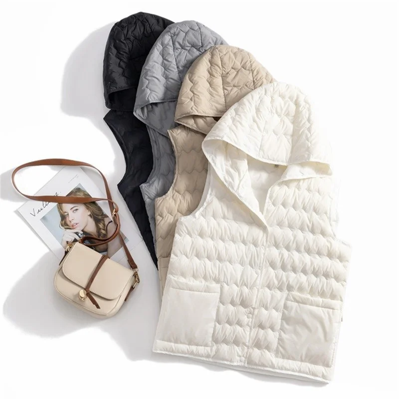 

Women Hooded Down Waistcoat Ultra Light White Duck Down Vest Coat 2023 Autumn Winter Warm Parkas Ladies Sleeveless Short Tank