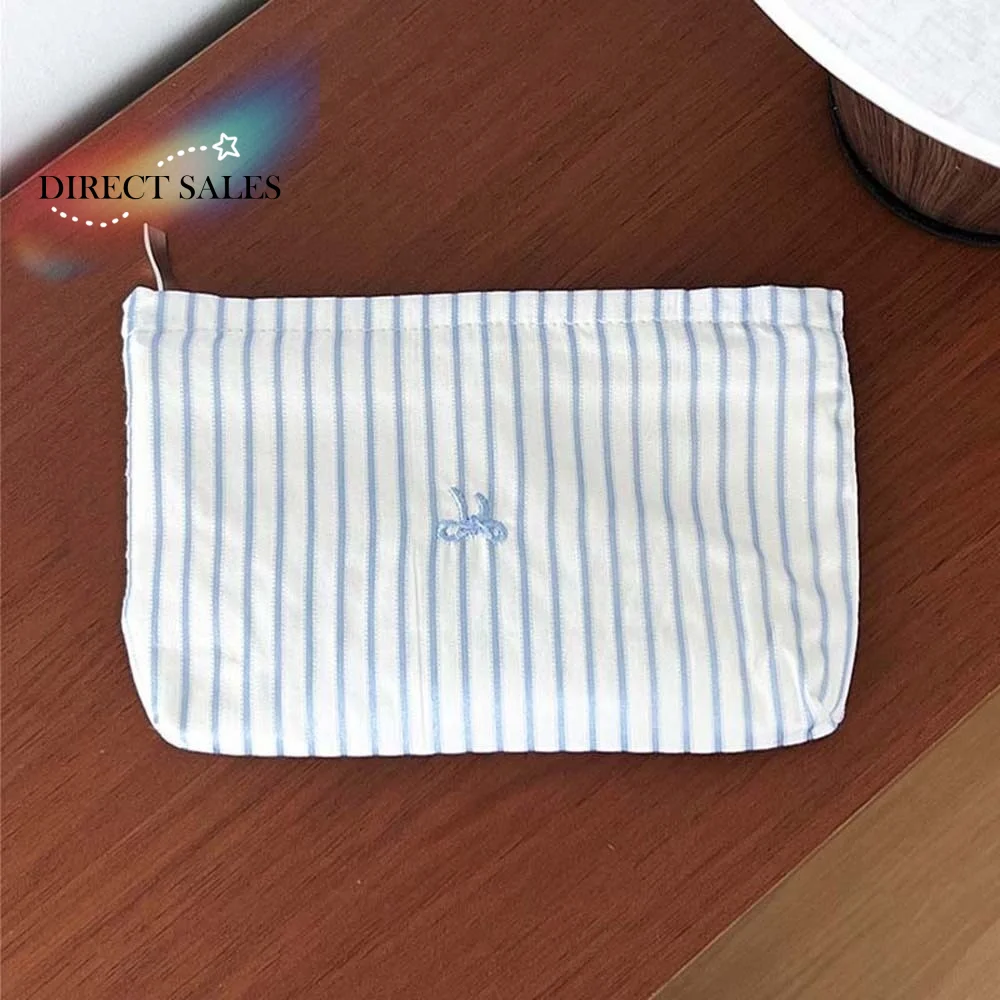 Classic Stripes Makeup Pouch Embroidered Pattern Smooth Zipper Cosmetic Organizer Washable Cotton Pastel Colors Toiletry Bag