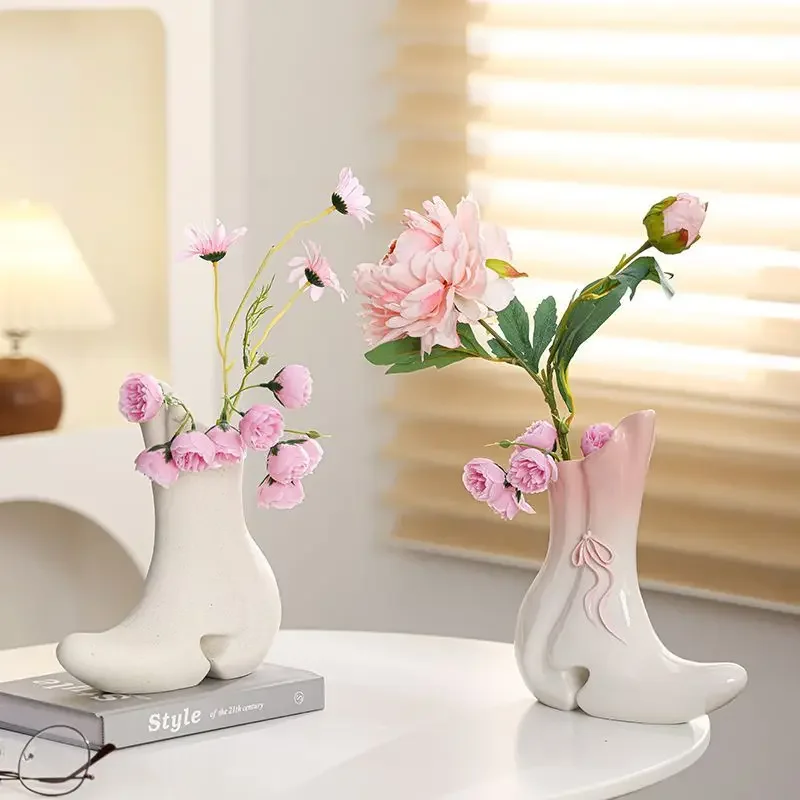 Nordic Style Belly Boots Irregular Cute Dried Flowers Floral Ceramic Vase Ornament Living Room  Floreros Decorativos Moderno
