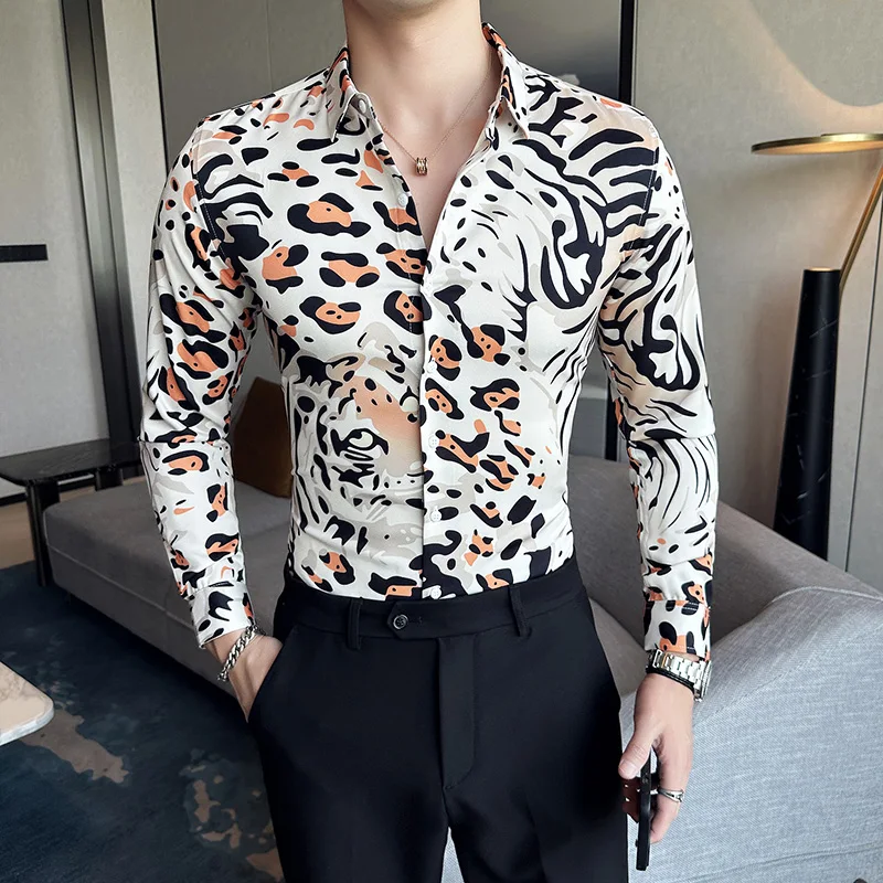 Long-sleeved Paisley Tiger Printed Shirts for Men Luxury Royal Style Slim Fit Male Shirt Club Social Shirts & Blouses Streetwear