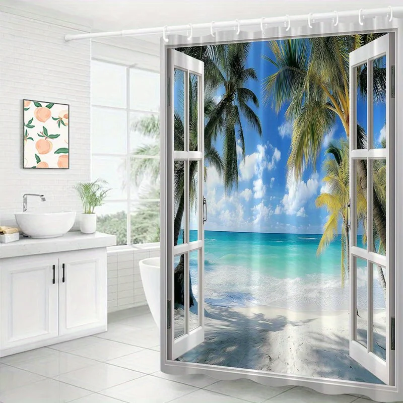 1pc Tropical Beach Window Shower Curtain with Palm Trees & Azure Ocean View - Framed by White Windows, Sandy Shore & Gentle Wave
