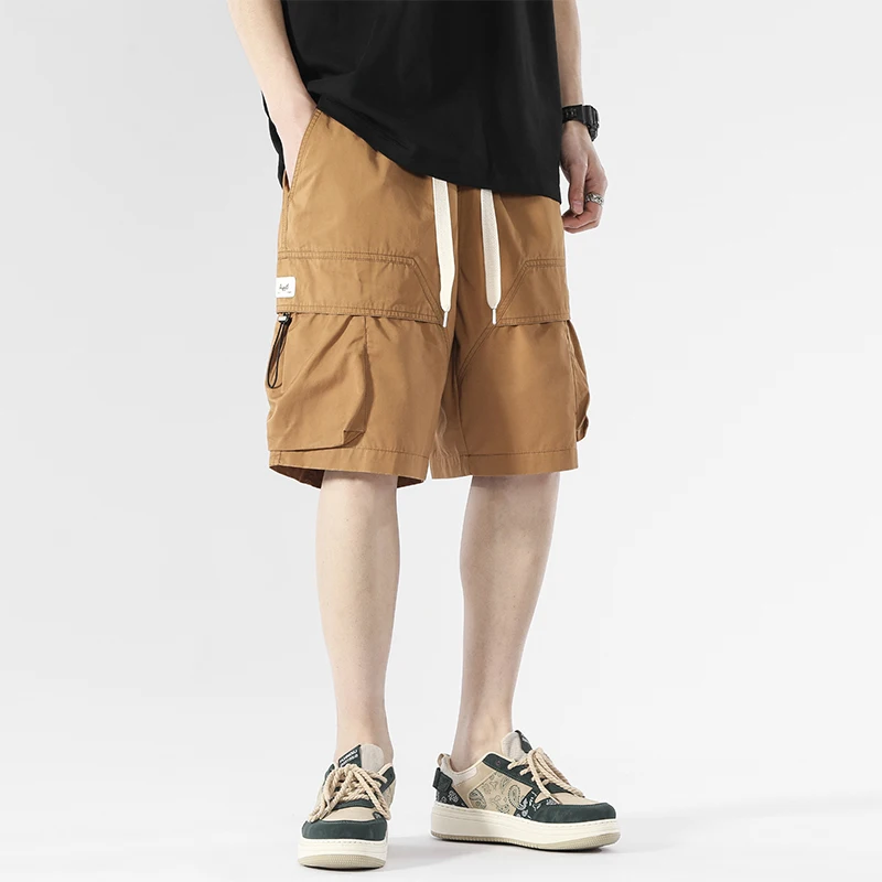 Summer Men's Solid Pockets with Elastic High Waist Casual Drawstring Loose Work Clothes Sports Trousers Fashion Vintage Shorts