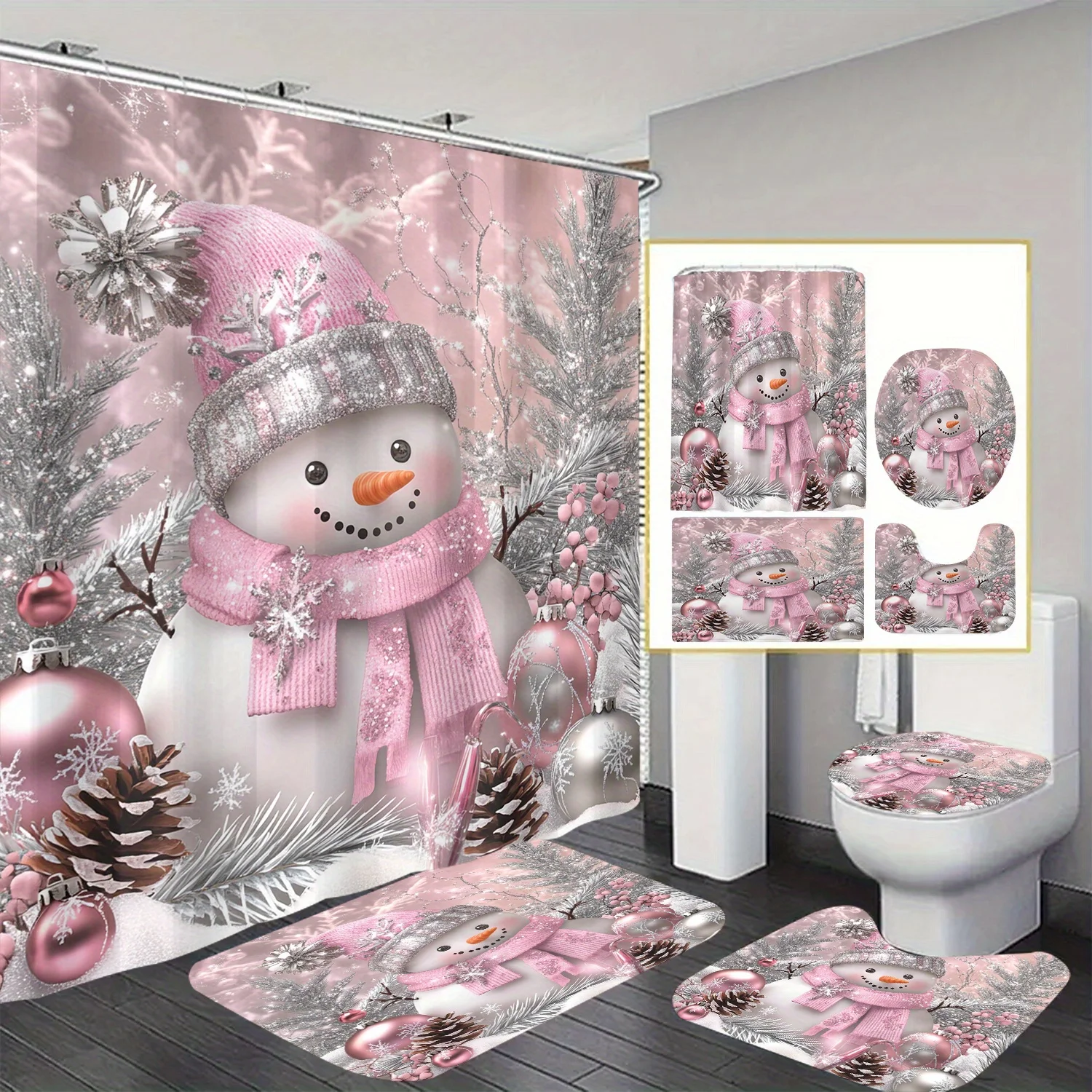 4Pcs Snowman Theme Bath Set, Bathroom Decor Kit, 12 Hooks Included, for Home, Room, Hotel Use