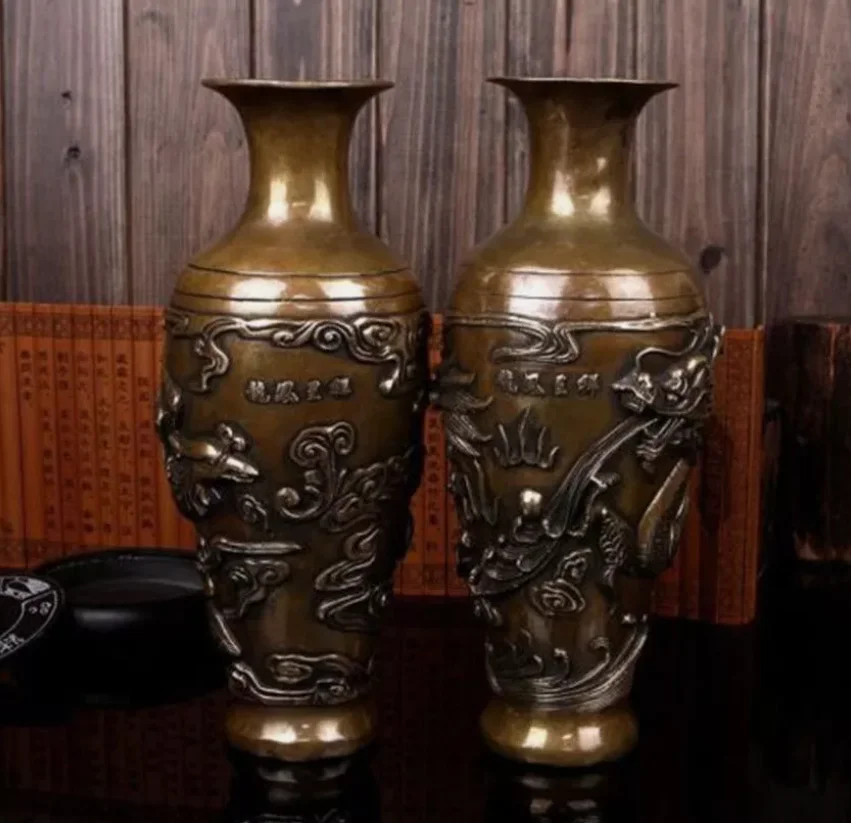 

10" beautiful Antique bronze brass carved Lucky Dragon phoenix Vase Pair